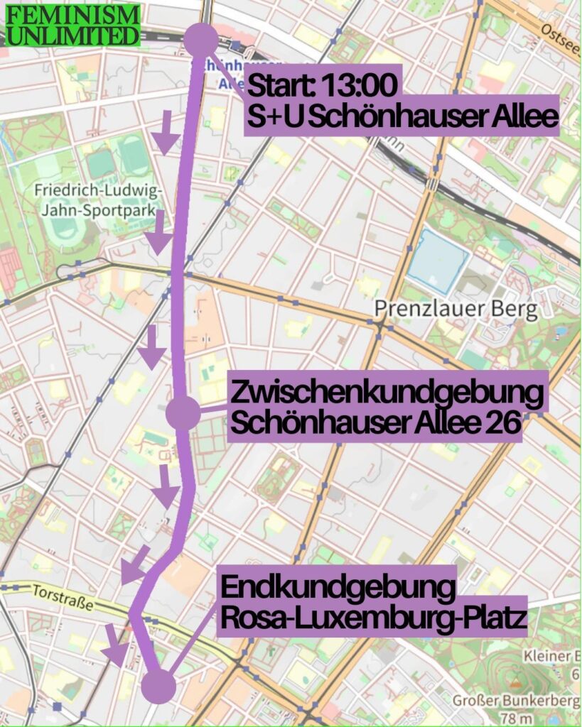 Start: 13 Uhr Sch&ouml;nhauser Allee

Zwischenkundgebung: Sch&ouml;nhauser Allee 26

Endkundgebung: Rosa-Luxemburg-Platz