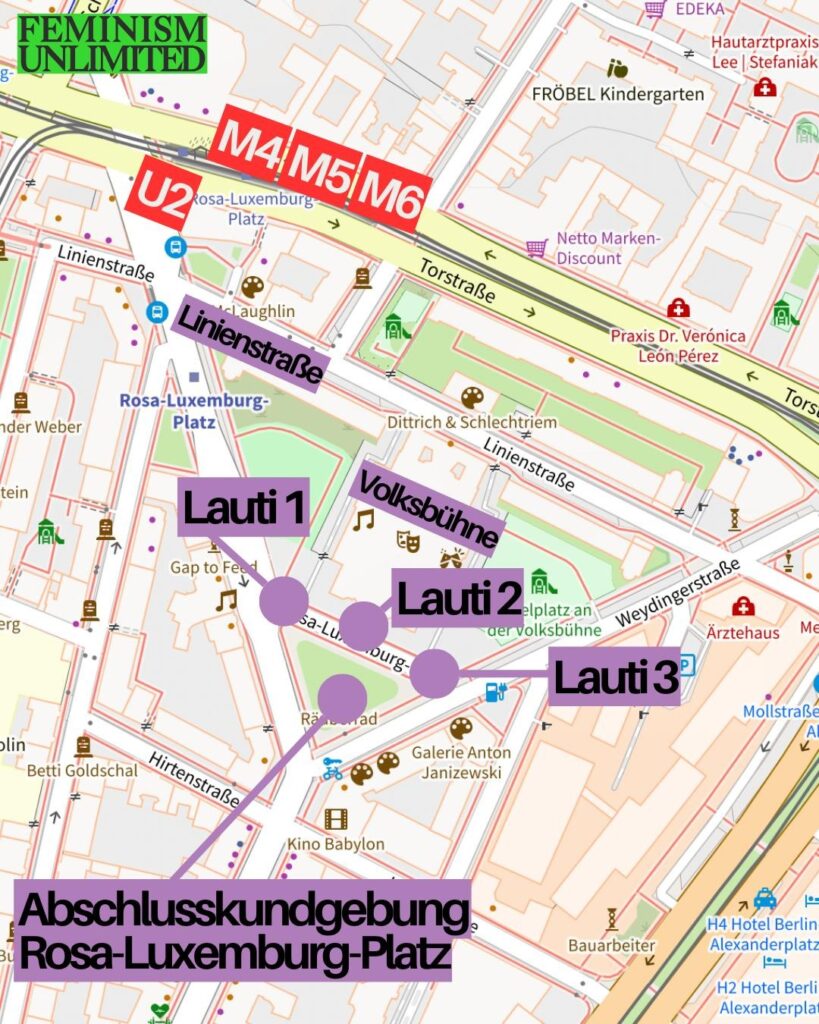 Abschlusskundgebung am Rosa-Luxemburg-Platz

Abreise mit U2 oder Tram M4, M5 und M6